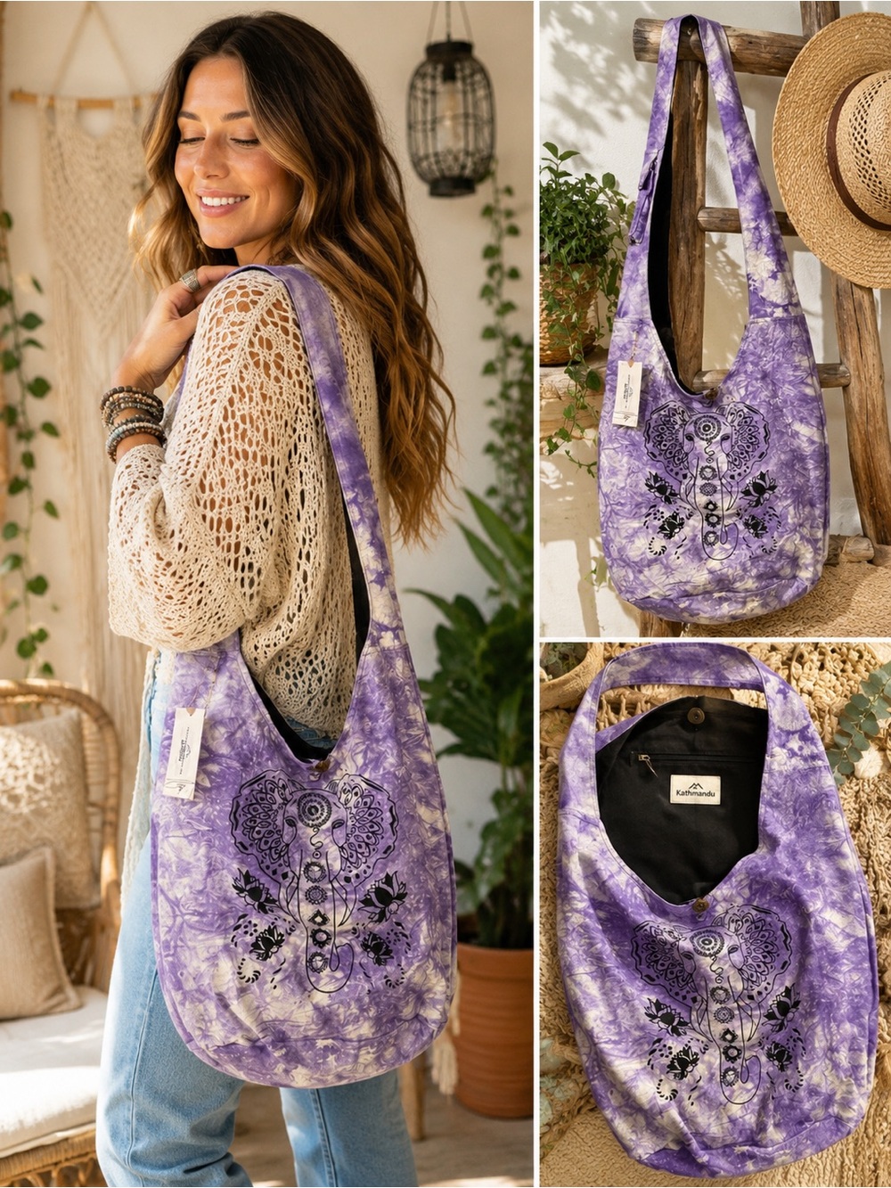 Boho Tie-Dye Purple Hobo Shoulder Bag with Black Mandala Print